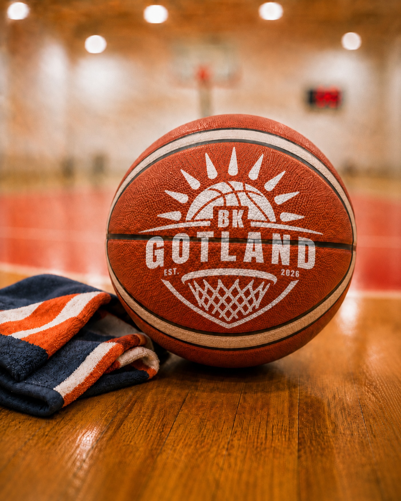 Basketboll med BK Gotland-loggan på golvet bredvid en marin- och orangeranda tröja